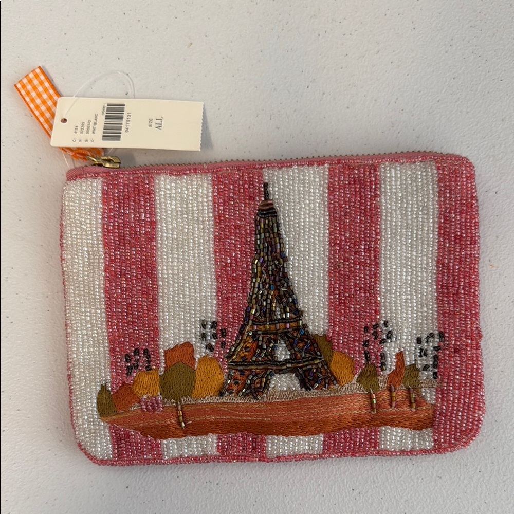 Pink and White Striped Beaded Pouch
